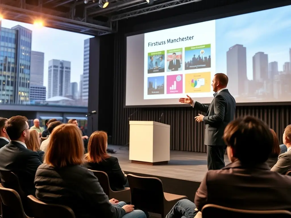 A dynamic image of a speaker on stage at a business conference in Manchester, engaging with the audience through an interactive presentation, with the city's modern architecture in the backdrop.