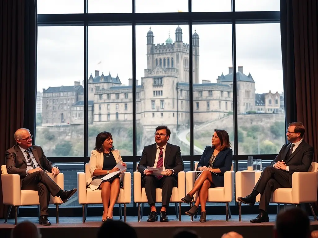 A professional photograph of a panel discussion at a business conference in Edinburgh, featuring experts from various sectors sharing their insights and perspectives, with the historic Edinburgh Castle visible in the distance.