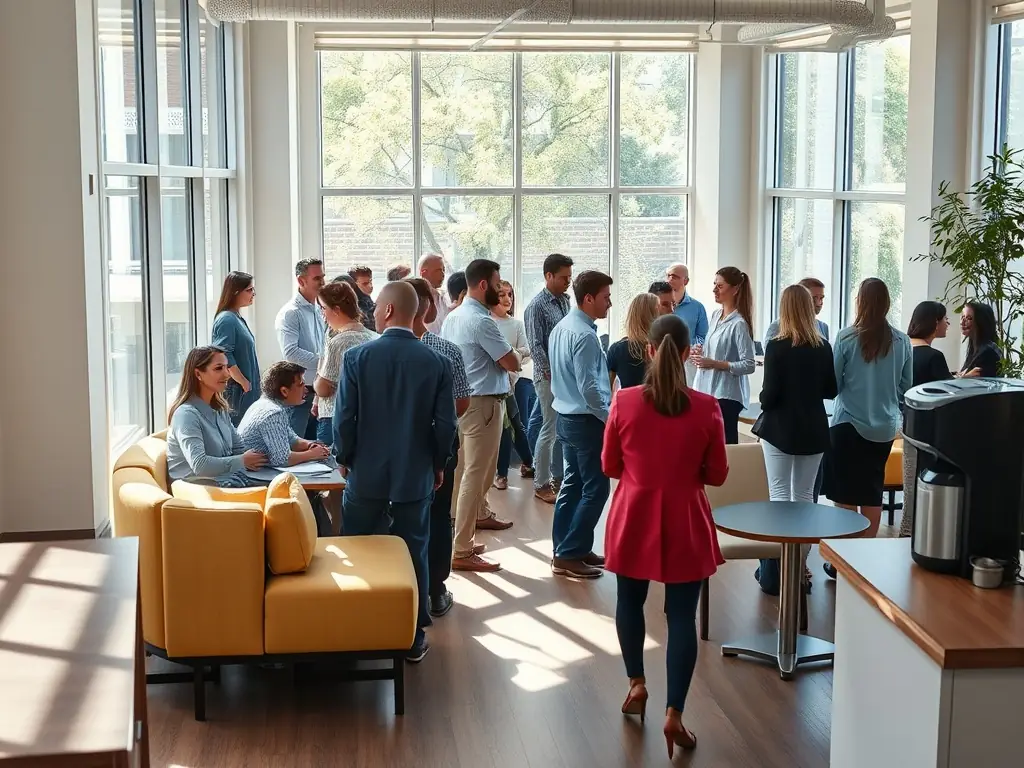 A vibrant photograph capturing a business conference in London, showcasing a diverse group of professionals networking during a coffee break, with iconic London landmarks subtly visible in the background.